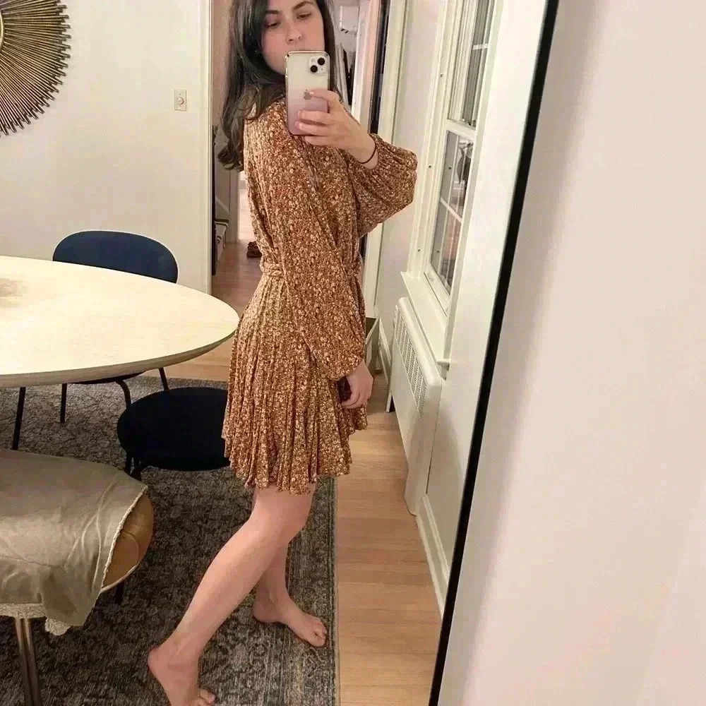 AURA Ballon Sleeve bat wing braided Belt flowy Boho floral fall mini dress S-M - Picture 7 of 15